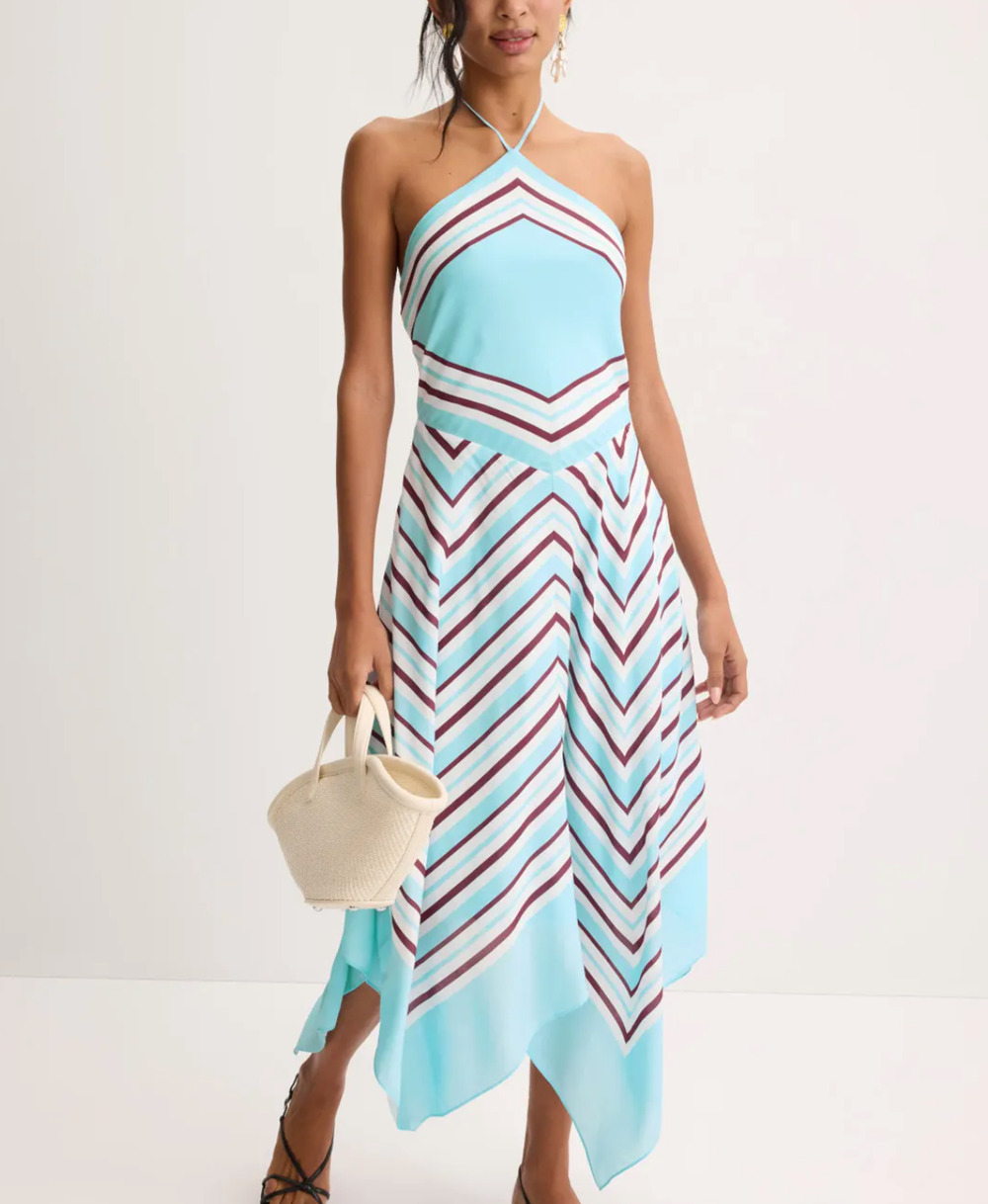 Simkhai Blue Striped Halter Dress MEDIUM Silk Vacation Sundress Designer $600